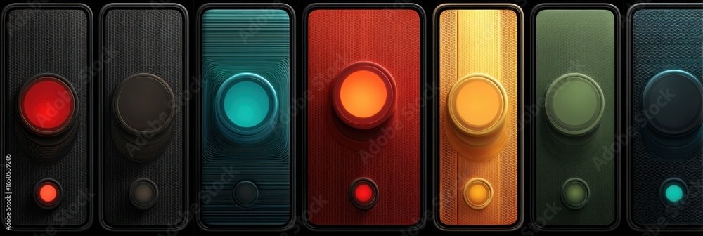 Poster Colorful Array of Vintage Buttons Arranged in a Sequence With Varying Designs and Vibrant Hues on a Dark Background