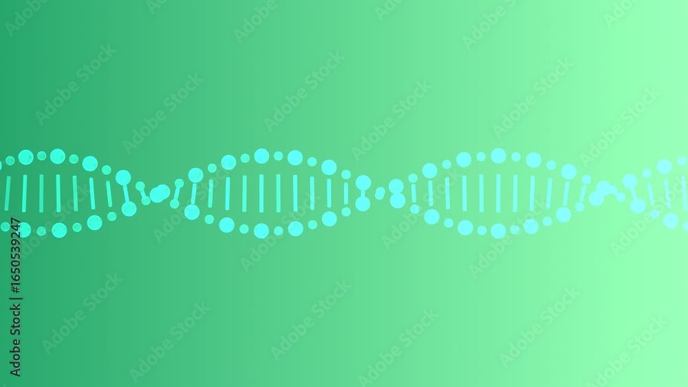 Poster animated dna helix twisting and unraveling with glowing cyan elements on gradient green background