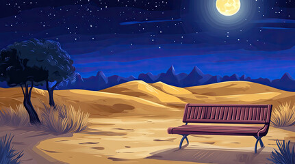 Fototapeta premium An illustration of a bench with a view of sand dunes and the moon at night
