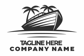 Naklejka premium Monochrome Boat with Two Palm Trees Seaside on White Background