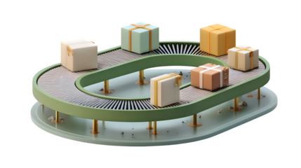 3D conveyor belt with ecommerce packages, transparent background,