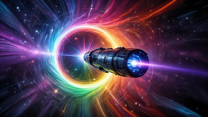 Futuristic Spaceship Navigating a Vibrant, Colorful Wormhole in Deep Space