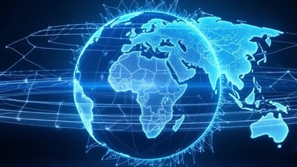 An illustrated blue world map globe with binary code represents a global business technology concept - Powered by Adobe