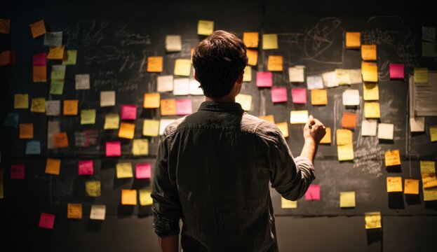 A person standing in front of a wall covered with colorful sticky notes, organizing ideas and brainstorming in a creative workspace