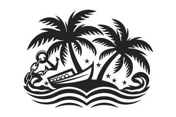 Tropical Island with Palm Trees Boat and Anchor on White Background