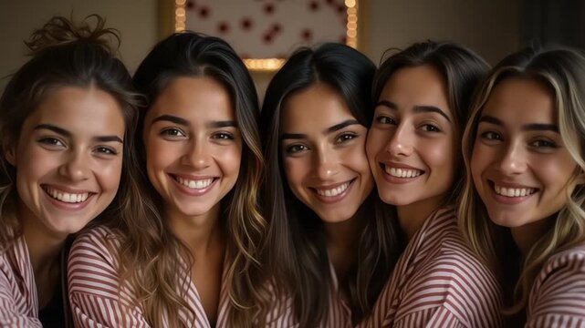 Diverse group of young women wearing striped pajamas smiling in a cozy setting