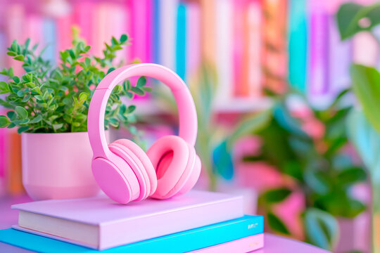 Home study station with audio gear and textbooks elearning environment