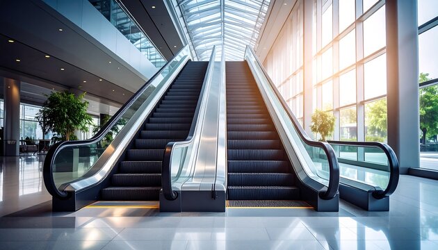 Modern double escalator in a spacious lobby - Powered by Adobe