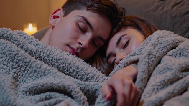 Young couple hug under blanket sleep. Woman and man lie close in bed. Warm bedroom setting love kiss. Couple wrapped in hug, sleep calmly. Young love, woman, man, bed, kiss, bedroom captured gently