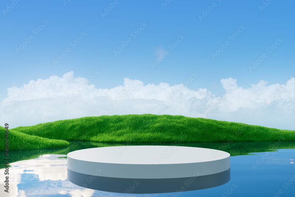 Poster white round platform on water surface with grassy hills and cloudy sky in background as natural outd
