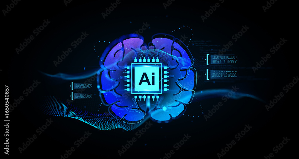 Poster futuristic ai chip integrated with digital brain, glowing hud interface elements, and data streams o