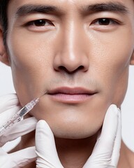 Close-up of gloved hands injecting filler into Asian man’s jawline, clean white background, high detail.