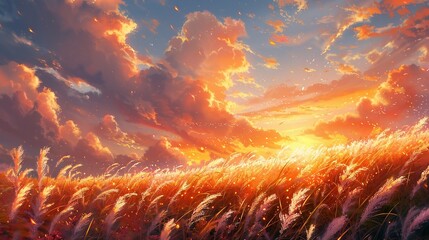 燃えるような夕空とススキの草原
