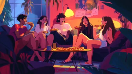 Friends enjoying pizza in a cozy living room at night