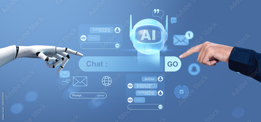 Poster human and robot hand pointing at ai chatbot interface with futuristic icons on blue background illus