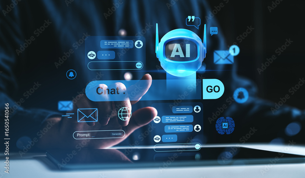 Poster futuristic chatbot interface with ai technology concept visualized on digital screen with glowing bl