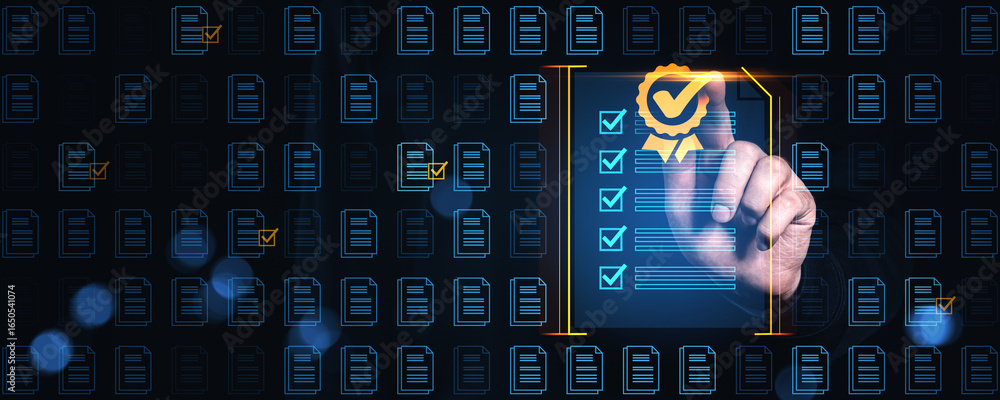 Poster digital document checklist with quality certification icon on glowing screen interface.