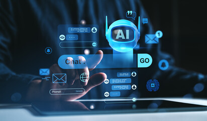Futuristic chatbot interface with AI technology concept visualized on digital screen with glowing...