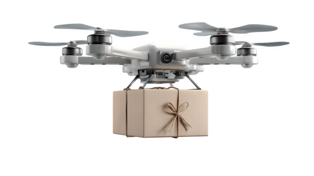 3D drone delivering a small ecommerce package, isolated on transparent background