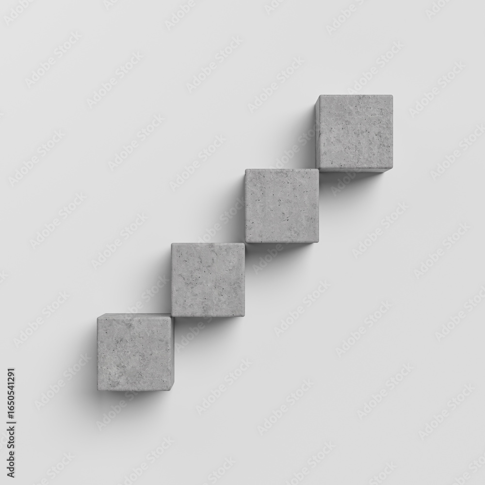 Poster concrete cubes forming diagonal step pattern on white background for modern minimalistic mock up or 