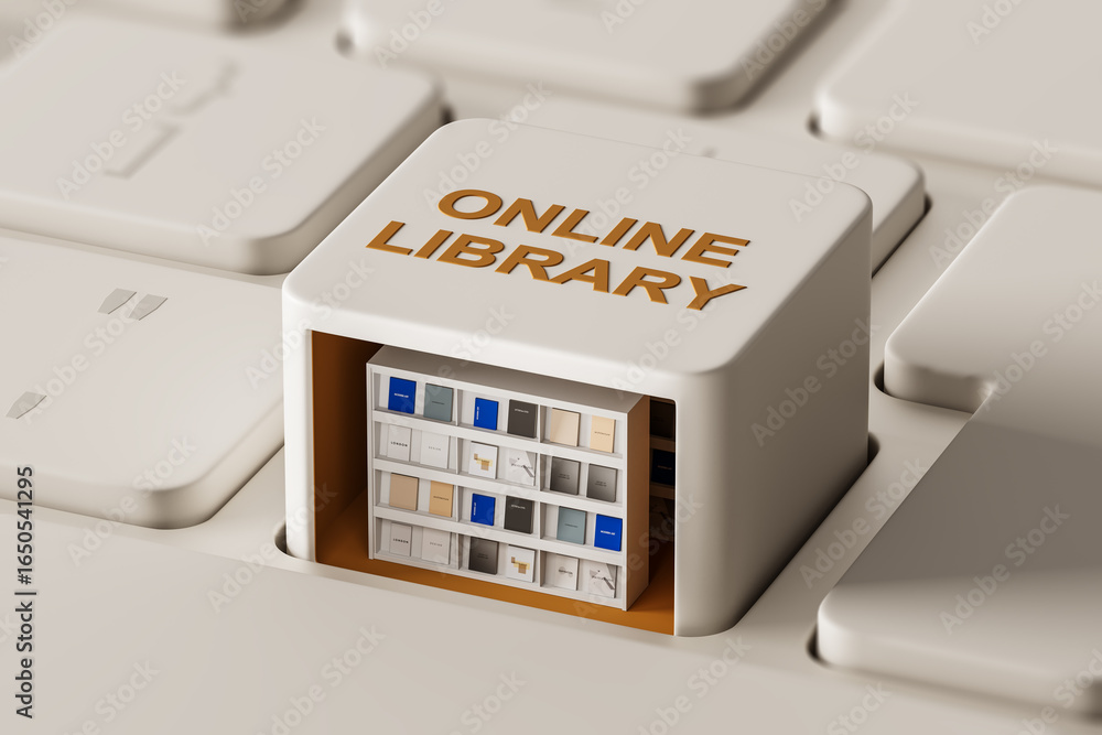 Poster online library concept key with bookshelf inside keyboard button symbolizing digital knowledge acces