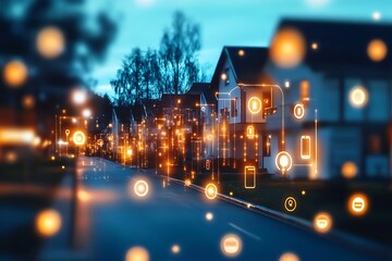 Obraz premium Digital icons representing the concept of digital security and technology, with glowing lights on a blurred background featuring houses in a street view.
