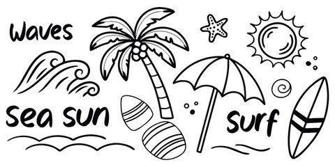 Obraz premium Beach vibes with waves, sun, and surf elements: perfect for summer vacation and travel designs