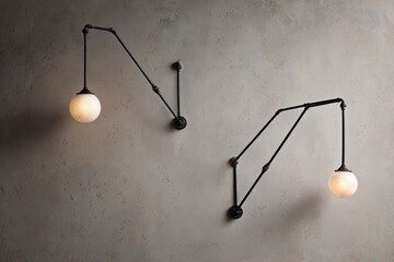 Two wall-mounted, adjustable globe lamps, dark metal arms, light beige textured wall