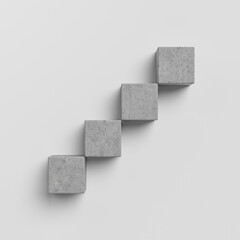 Concrete cubes forming diagonal step pattern on white background for modern minimalistic mock up or abstract design concept. 3D Rendering