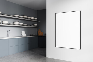 Modern kitchen interior with blank poster on white wall mockup for design presentation or artwork...
