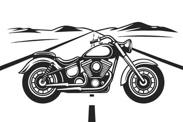 Obraz premium Motorbike on Road with Mountains Landscape, Silhouette Style on White Background