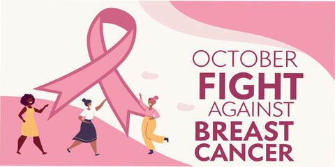 Breast Cancer Awareness campaign with pink ribbon and diverse women supporting fight in October