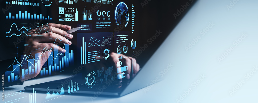 Poster businessman analyzing futuristic digital data dashboard with charts and graphs.