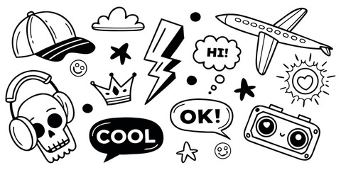 Whimsical black and white doodles: skull with headphones, airplane, lightning bolt, cool speech bubble, and more