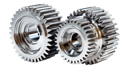 Gear Synergy: Two robust metal gears interlock in a photorealistic display, symbolizing the power and precision of industrial engineering and mechanics.