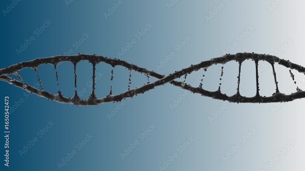 Poster dynamic 3d animation of a dark dna double helix breaking apart, symbolizing genetic damage or mutati