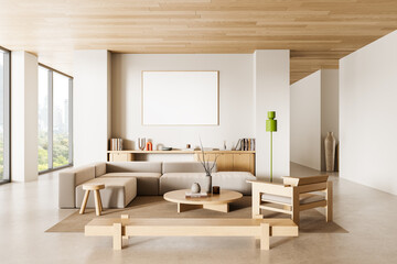Modern living room interior with blank poster mockup on wall in minimalist wooden decor and natural...