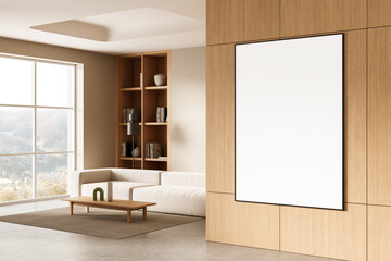 Modern living room with wooden wall featuring blank poster mockup for interior design template...