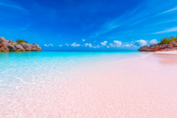 Fototapeta premium Pink sand beach with blue ocean and clouds tropical paradise landscape
