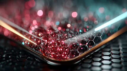 Abstract composition of glowing red and blue particles within a hexagonal structure with light beams