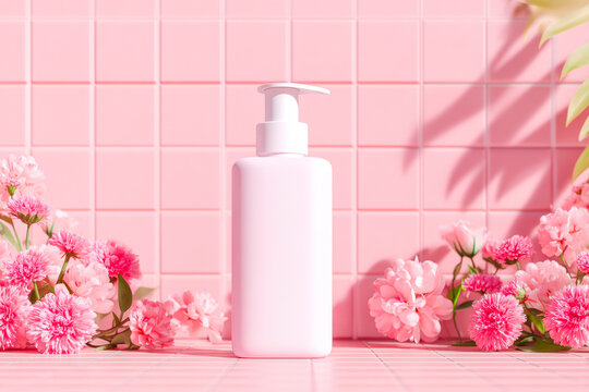Pink skincare bottle mockup on pink tile background modern beauty product display