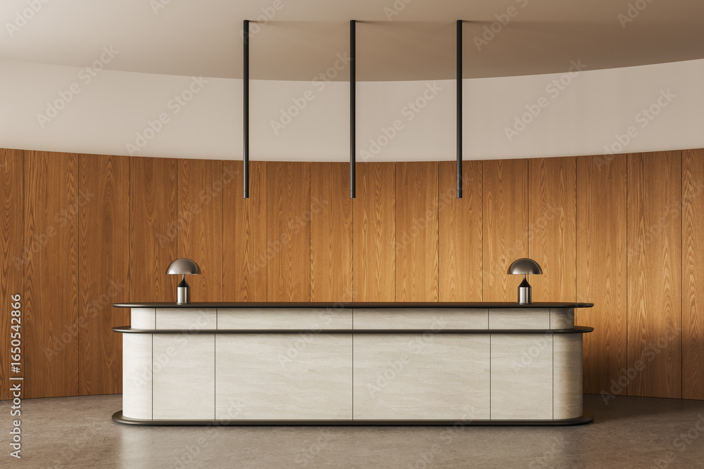 Aufkleber modern reception desk with minimalist design in front of vertical wood panel wall and ceiling-mounte
