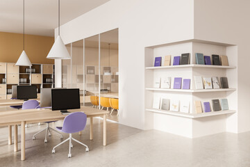 Modern office interior with minimalist bookshelf, pastel chairs, and glass partition design in...