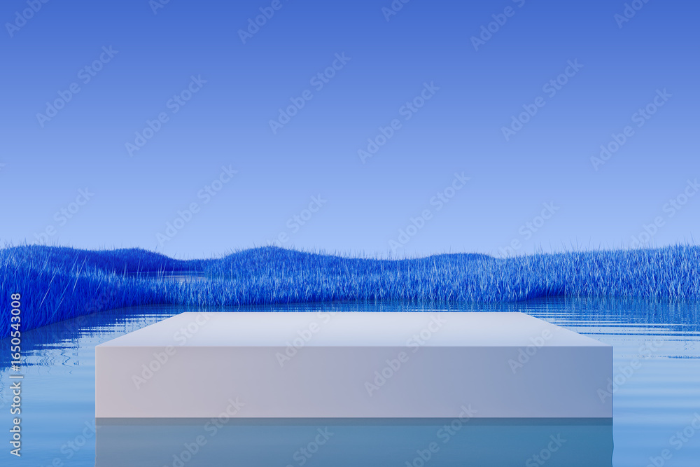 Poster minimal white podium floating on calm water with surreal blue grass landscape and gradient sky in ba
