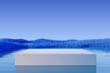 Minimal white podium floating on calm water with surreal blue grass landscape and gradient sky in...