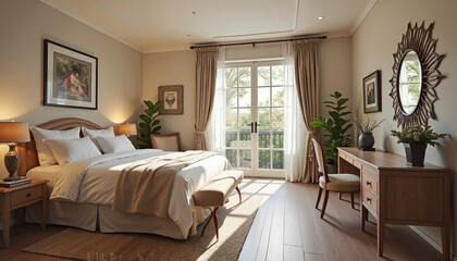 Cozy bedroom with large windows and wooden furniture in natural light  