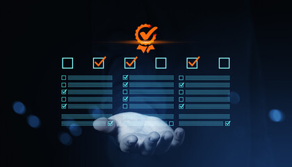 Digital checklist with quality certification icon hovering above a hand on dark background,...