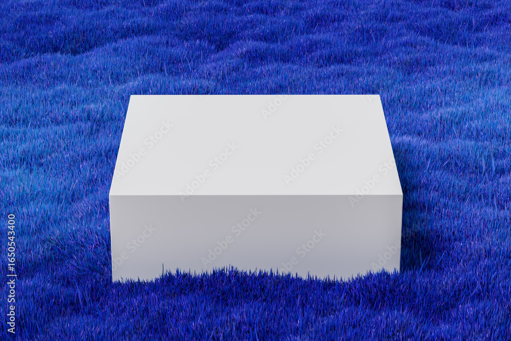 Poster minimalist white rectangular mock up podium on surreal vibrant blue grass background for product dis