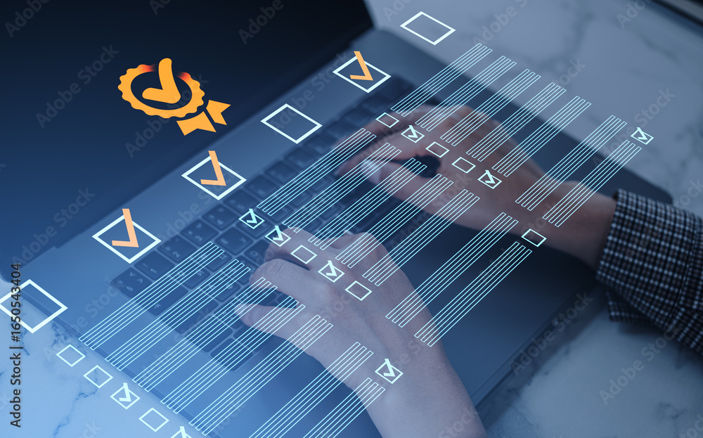 Poster hands using laptop with digital checklists and quality assurance icon overlay representing complianc