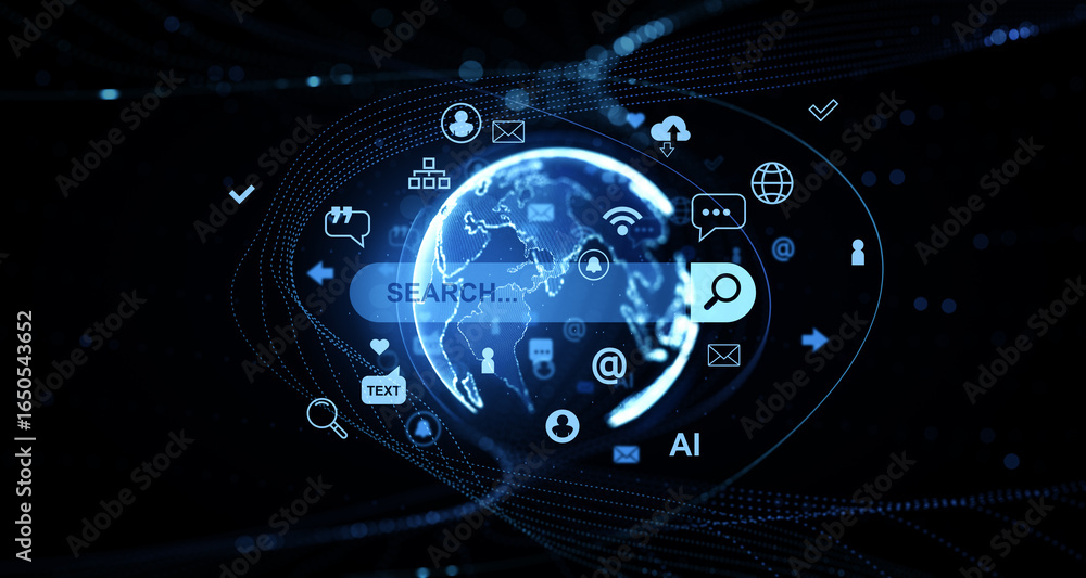 Poster global digital search interface with technology icons and glowing earth in futuristic cyber environm